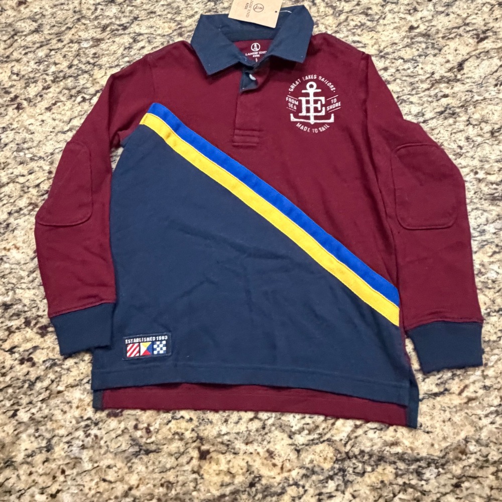 NEW Lands End BOy Merlot Diagonal Stripe Rugby Shirt Long Sleeve Size 7 ws